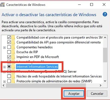 Activar el servidor web desde caracteristicas de windows